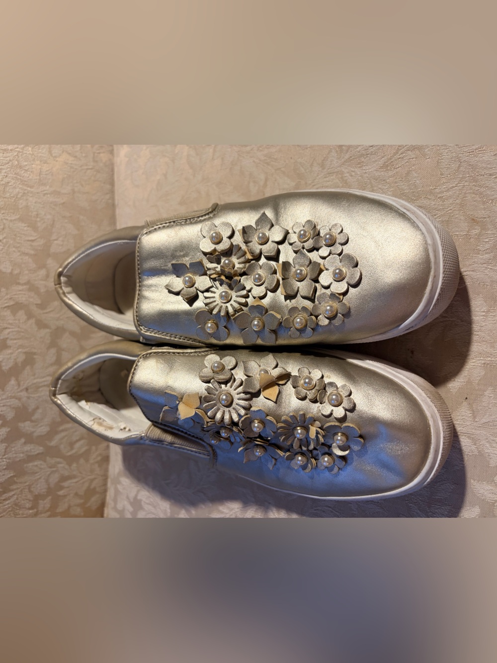 Marc Jacobs Metallic Silver Floral Pearl Slip-On Sneakers